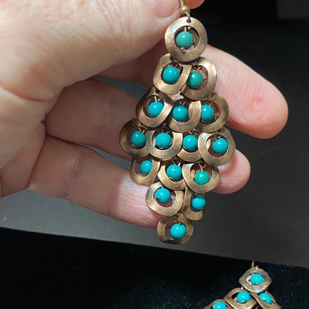 Elegant vintage Turquoise and metal Chandelier Earrings - Picture 12 of 16
